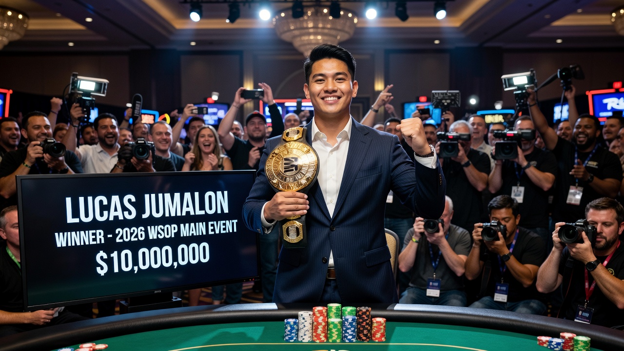 Final table action during the 2026 WSOP Main Event heads-up match between Lucas Jumalon and Lauri Saaskilahti